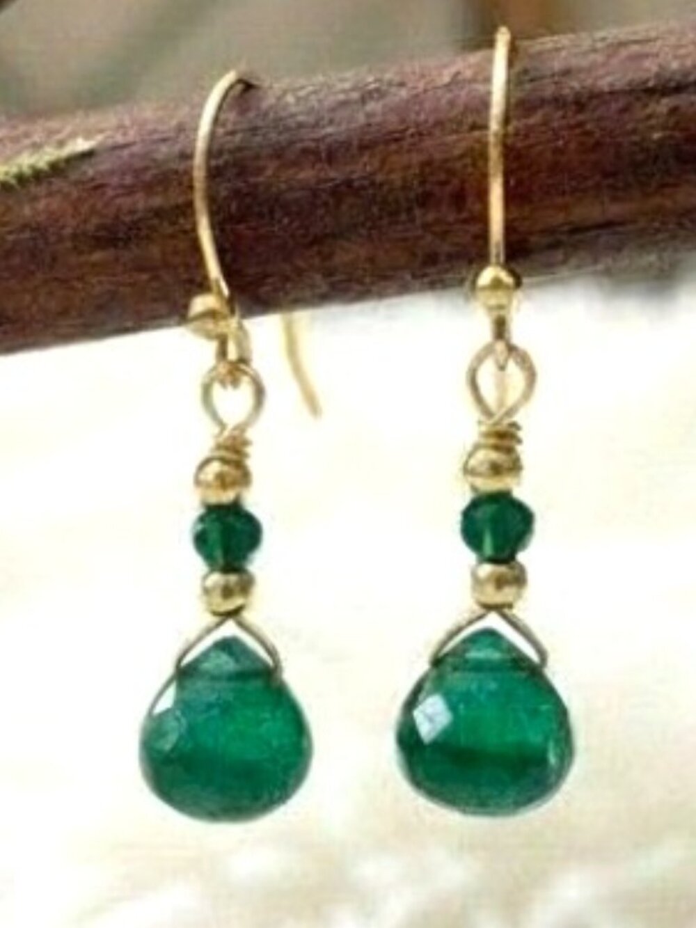 Natural Emerald Earrings in 14k Gold Filled Wire, May Birthstone